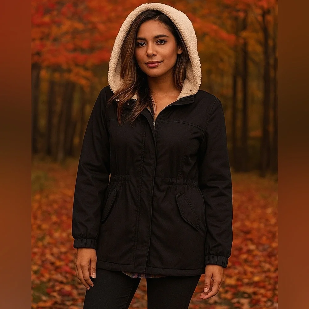 Roxy Hooded Navy Blue Jacket with Sherpa hood lining